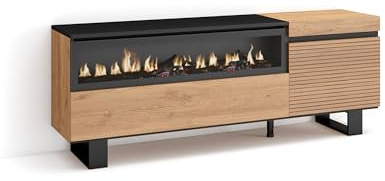 Skraut Home | TV-Schrank, Lowboard | für Wohnzimmer und Esszimmer | 150x57x35cm | Für TV-Geräte bis zu 65 | Elektrokamin. | Industriedesign | Moderner Stil | Eiche
