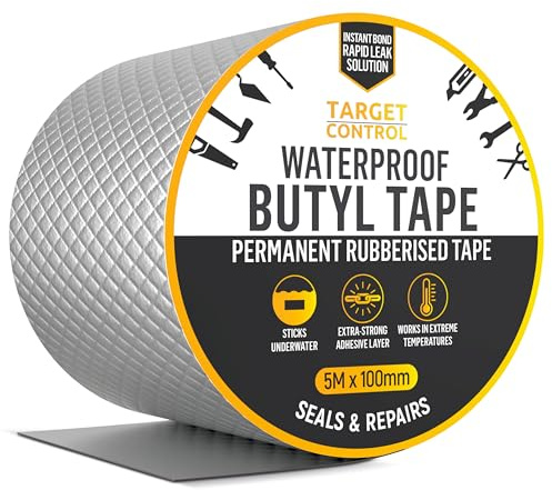 Target Control Waterproof Tape 5M x 100mm Silver Butyl Roof Repair Tape | Heavy-Duty Self-Adhesive Flashing Strip for Felt, Sheds, Gutters, Caravans and Outdoor Sealing