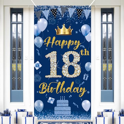 POPOYU 18. Geburtstag Banner Jungen Mädchen,18 Geburtstags Deko,Birthday Banner 18. Geburtstagsfeier Dekorationen Hintergrund,Banner Geschenke für Geburtstag Poster Türbanner(70.8×35.4 Zoll,Navy Blau)
