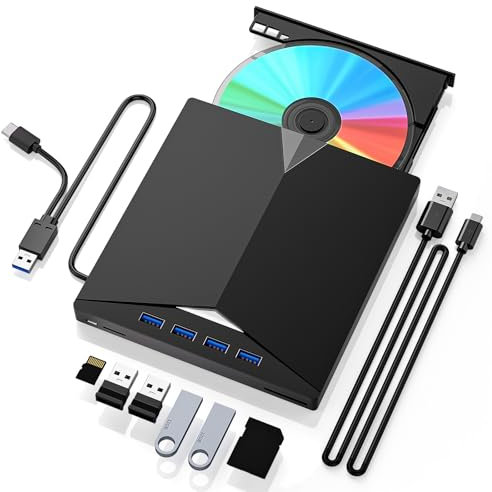 BNEHHOV Lettore Masterizzatore CD DVD Esterno per PC Portatile Unità Esterna USB 3.0 Type-C con 4 Porte USB e Lettore di Schede SD/TF per Windows XP/2003/7/8/10/11/MacOS/Vista/Linux per Laptop (A)