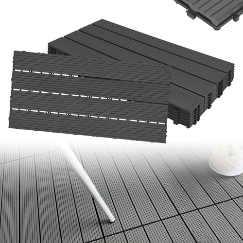 XINZI WPC Terrassenfliesen Holzoptik Balkonfliesen, 30x60 cm WPC Fliesen Klickfliesen Bodenbelag mit Drainage Gitter, Terrassendielen Kunststoff Gartenfliesen Bodenfliesen (30 Stück, Anthrazit)