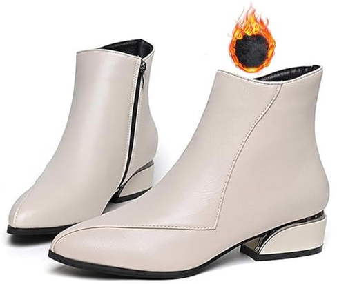 MASHANGGOU Stivaletti da donna con tacco basso, eleganti stivaletti con tacco basso, stivaletti da donna con tacco grosso e cerniera laterale in pelle impermeabile