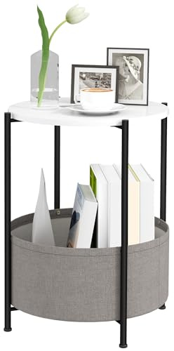 HOMCOM Beistelltisch Runder Nachttisch mit Regal 44 x 44 x 56 cm Grau+Weiß | Korb aus Stoff, Couchtisch aus Stahl, Sofatisch, Kaffeetisch, für Wohnzimmer Schlafzimmer