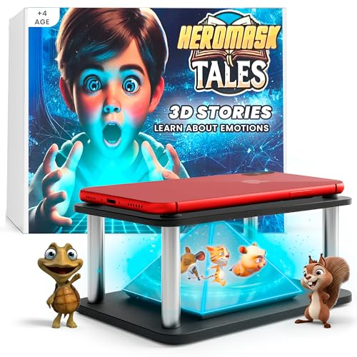 Heromask Tales 3D-Hologramm-Geschichten Kinder 4-10 Jahre ohne Batterien | Projiziert Wertegeschichten als 3D-Hologramm vom Handy. In 5 Sprachen. Originelles Lerngeschenk