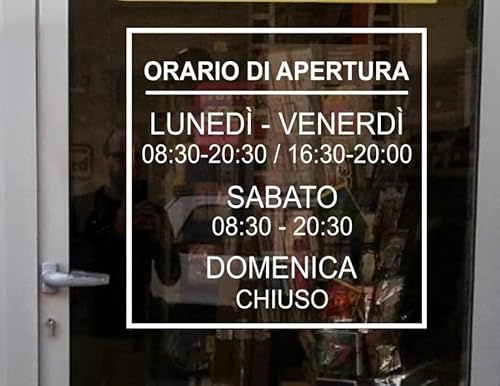 Orari di apertura adesivo SMALL bianco PERSONALIZZATO per vetrine negozi, uffici, bar, ecc