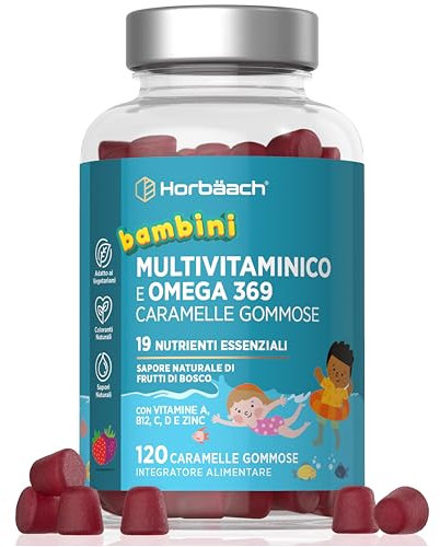 Multivitamin Gummibärchen für Kinder mit Omega 3 6 9 | 19 wichtige Nährstoffe mit Jod, Vitamin C, E, D3, B6, B7, B12 | 120 Vegetarier Gummies | Beerengeschmack | Horbaach