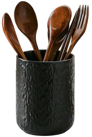 CompadreBol Porta Utensili da Cucina Ceramica,Contenitore per Utensili da Cucina, Barattolo in Ceramica per Bacchette, Coltelli e Forchette, Grande Contenitore nero per Utensili 12*16 cm