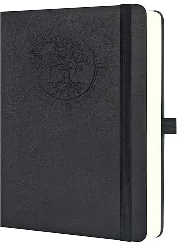 Mlife Notizbuch A4 mit Lebensbaum-Design–360 Seiten,100g Papier,PU-Cover,elastisches Band,Stifthalter,3 Lesezeichen–Ideal für Beruf, Studium & Geschenk(Schwarz)