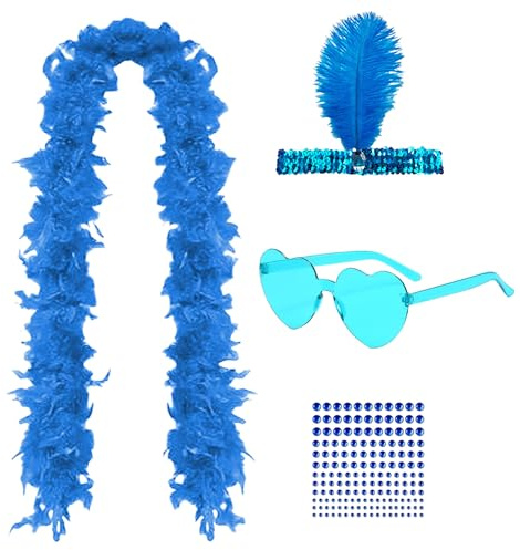 GWAWG Boa à Plumes, Lunettes de Soleil Sans Monture en Forme de Cœur, Strass pour le Visage et Bandeau pour Cheveux, Artisanat Boa à Plumes Moelleux, Convient pour Halloween, Noël, Cosplay (Blue)