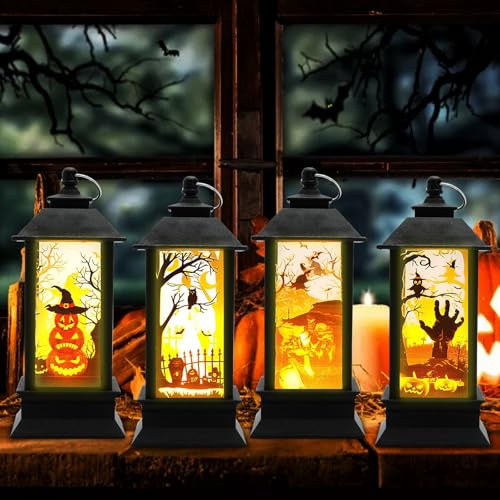 4 Stück Halloween Laternen, LED Kürbis Laterne, Licht LED Halloween, HAlloween Lampe Kinder, Kürbis Deko Licht, Geeignet für Drinnen und Draußen, Garten, Baum, Party
