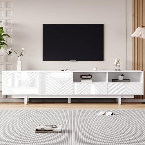 Meuble TV moderne de Bohême, lignes géométriques blanches abstraites, meuble TV, décoration de porte d'armoire avec espace de rangement, 200 x 40 x 51 cm, peut accueillir des téléviseurs jusqu'à 90