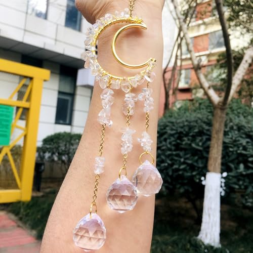 Natural Crystal Sun Catcher with Crescent Moon – Hanging Prism Window Ornament for Light Refraction, Energy & Home Décor(WhiteCrystal)