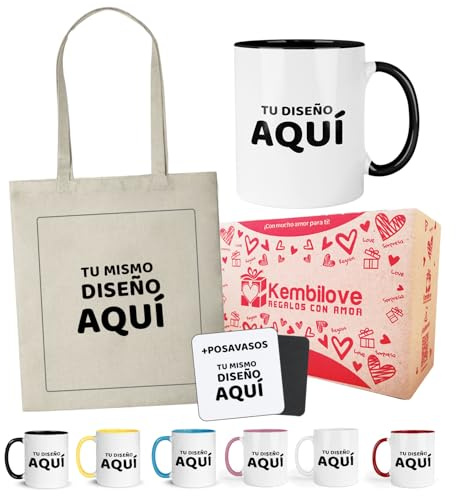 Kembilove® Pack taza personalizada con tu diseño – Incluye caja regalo decorada y opción bolsa y posavasos personalizados a juego – Regalo original para cumpleaños navidad o empresa