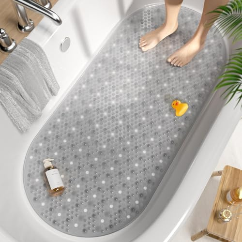 HITSLAM Oval Badewannenmatte rutschfest, 88 x 40 cm Antirutschmatte für Badewanne, Maschinenwaschbar Duschmatte rutschfest mit Saugnäpfen, BPA frei Badematte Schimmelresistent, Grau