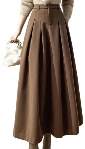 Jupe longue en laine pour femme - Automne - Taille haute - Jupe plissée, café, S