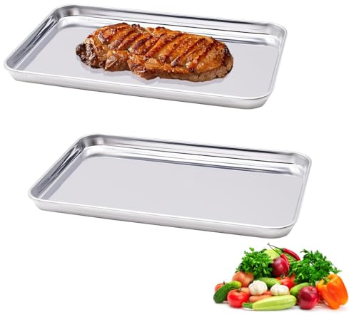Lot de 2 Plaques de Cuisson en Acier Inoxydable, Plateau de Four, Rectangulaire Plaque à Pâtisserie, Plaques de Cuisson en Acier Inoxydable (26.5 x 20.5 x 1.2 cm)
