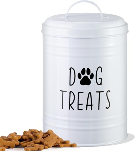 NIXBYO Dog Treat Container, Treat Container with Airtight Lid, Pack of 2-9 x 5.5 Inch & 7 x 4 Inch Metal Dog Biscuit Tin for Country House Kitchen Counter, Pet Snack Storage Box (White-Single)