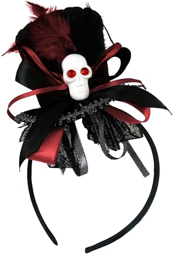 TrendandStylez Gothic Steampunk Mini-Hut – Schwarz-Rot mit Totenkopf, Feder & Spitze – eleganter Minihut auf Haarreif für Damen – ideal für Halloween, Karneval, Cosplay, Fasching & Kostüme