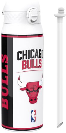 NBA Chicago Bulls Sport Vattenflaska Med Avtagbart Sugrör, 750ml/24oz, Läckagesäker Vakuumisolerad Dricksflaska, Lätt Att Öppna, Säker Låsning, Diskmaskinssäker, Flipplock, Metallflaska