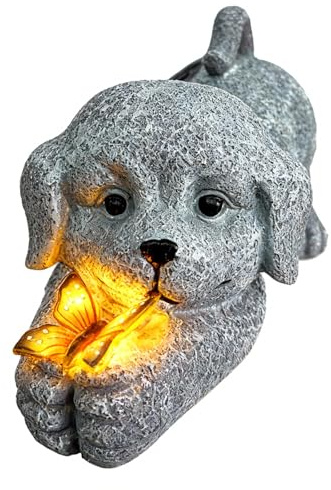 Hund Gartenfiguren für Außen mit Schmetterlingslicht, Geschenke für Frauen Mama, Hund Gartendeko für Draußen Wetterfest, Solar Deko Gartendeko für Draußen Balkon Terrassen Outdoor Hof, Schmetterling