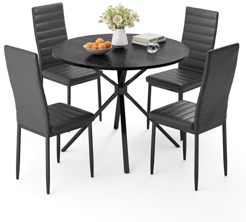 Xbro Esstisch Set 5-Teilig, Runder Esstisch Ø100 cm mit 4 Esszimmerstühlen | 5-teiliges Esstisch Set mit rundem Tisch und 4 Stühlen, platzsparendes Design für Küche, Esszimmer und Wohnzimmer.
