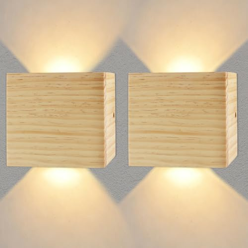 CHEVVY 2 Stück LED Wandleuchte Innen,7W LED Wandleuchte Holz Vintage 3000K | Up and Down Leuchten Aussen, Warmes Weiß Flurlampen, Moderne Wandlampen für Wohnzimmer Flur Schlafzimmer