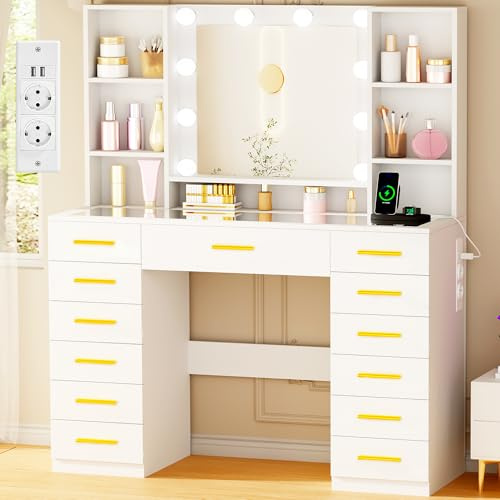 ANWBROAD Grande Toeletta Trucco con Specchio e Luci LED,3 Colori,Luminosità Regolabile,Postazione Trucco con Presa,Tavolo da Trucco con 13 Cassetti,7 Ripiani Aperti,Bianco BDT19W