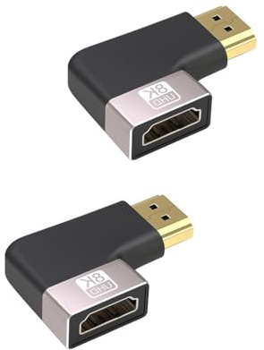 Lot de 2 Adaptateur HDMI Coudé 8K, Connecteur HDMI 2.1 Mâle vers Femelle Angle Droit et Gauche, Rallonge Compatible 8K@60Hz 4K@120Hz HDR eARC pour TV, Moniteur, Projecteur, PC, Console de Jeu