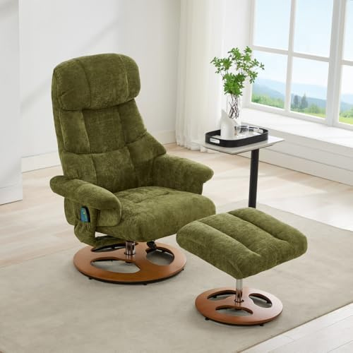 NuvlaGu Ergonomischer Relaxsessel mit Massage und Wärme, 360° drehbarer Ledersessel mit Liegefunktion & Hocker, Atmungsaktiver Chenille-Stoff, Fernbedienung & Timer, für Wohnzimmer Schlafzimmer, Grün
