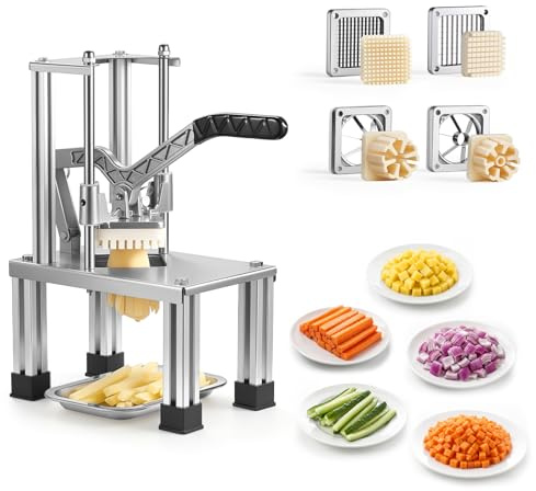 VEVOR Cortador de Patatas Fritas con 4 Cuchillas de Repuesto 0,9 cm, 0,6 cm, 6 Cuñas y Descorazonador de 6 Cuñas, Cortadora de Verduras Soporte Estable en 4 Esquinas para Restaurantes, Cocinas