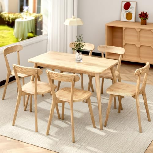 Juego de 6 Sillas de Comedor de Madera Maciza con Cojines Extraíbles, Sillas Estilo Mid-Century con Respaldo Curvado, Sillas de Cocina para Comedor, Salón y Oficina