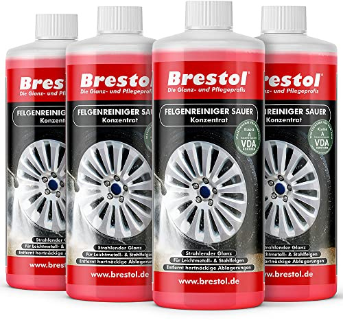 Brestol Felgenreiniger Konzentrat 4X 1000 ml - für Alufelgen Stahlfelgen Autofelgen LKW-Felgen Leichtmetallfelgen Felgenglanz sauer ergibt bis zu 40 Liter gebrauchsfertigen Felgenreiniger