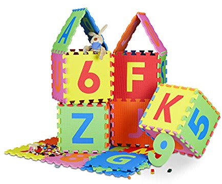 Relaxdays Spielmatte Puzzle 86 tlg, Puzzlematte Buchstaben u. Zahlen, EVA Schaumstoff Spielteppich BxT 180x180 cm, bunt