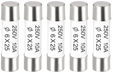 sourcing map 5er Packung Keramik Sicherung 10A, 6x25mm Feinsicherungen Schnellschlag Auslösecharakteristik Sicherung 250V für Leiterplatten Elektronische Geräte