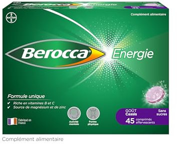 Berocca® Energie Cassis- Multivitamines et Minéraux -Vitamine C, B3, B5, B1, B12, Magnésium et Zinc - Complément alimentaire - Aide à réduire la fatigue - 45 comprimés effervescents