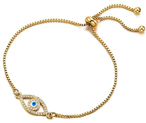 COOLSTEELANDBEYOND Modern Femme Or Acier Inoxydable Chaîne Maillons Bracelet avec Zircone Cubique Protection Mauvais Oeil, Réglable
