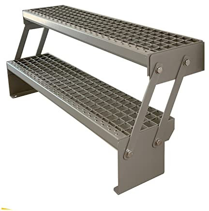 Premium Caillebotis acier Escalier à limon 2 Marches Réglable Entièrement galvanisé et Argenté Revêtu par poudre Largeur 60cm x Hauteur Réglable 30-43 cm