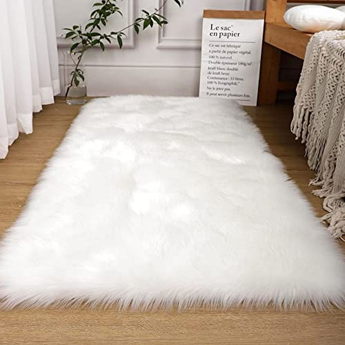 Aoczes White Faux Fur Rug 3x5 Feet Soft Fluffy Carpet for Bedroom Living Room Kids Room Nursery Decor with Washable Shag Mat, Rectangle