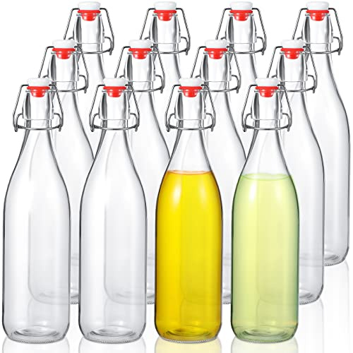 Aoriher 12 Pcs 25 oz Swing Top Glass Bottles 750 ml Glass Bottles with Red Caps for Home Brewing Kombucha Homemade Juices Beer Water Oil Vinegar Soda Syrup Kefir Beverages