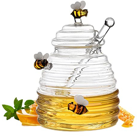 Supatmul Pot à Miel en Verre avec Cuillères à Miel et Couvercle - Miel en Verre Transparent, Récipient Pot Miel en Forme Ruche Créatif pour Cuisine à Domicile, pour confitures ou épice