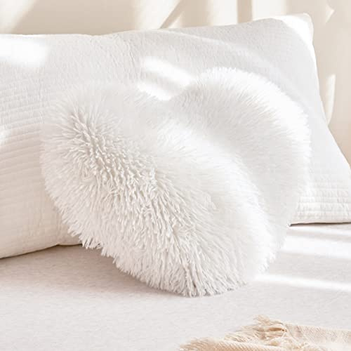 MOOWOO White Fluffy Heart Pillow, Faux Fur Throw Pillow,Sherpa Plush Fluffy, Cute Soft Throw Cushion, Valentines Day,Thanks Giving Days,Christmas Day Decorative for Home Bed Couch Heart Shape