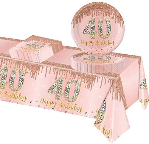 POPOYU Juego de vajilla desechable de 37 piezas de color rosa y dorado para 40 cumpleaños, platos de papel de oro rosa, servilletas de 9 pulgadas, para regalos de 40 cumpleaños, suministros de fiesta