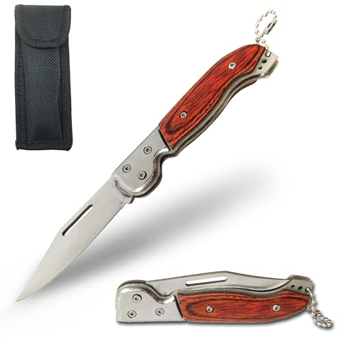 MOANATURA Navaja Pequeña Mango Madera con Funda. Cuchillo Plegable de Bolsillo o Llavero, Navajas Montaña, Campo, Supervivencia, Caza, Pesca, Setas, Senderismo, Camping o en tu Caravana. (Modelo 1)