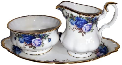 Royal Albert - Jarra de leche y azucarero en bandeja/original/Moonlight Rose/Bone China - Inglaterra