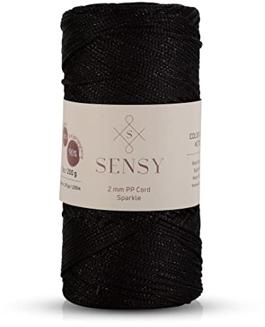 Sensy Premium 2 mm 230 Meter Glitzer Polyester-Seil, 90 % Polypropylen, 10 % Polyesterschnur, Makramee-Kordel 2 mm Häkeltasche Kordel Makramee Seil Häkelgarn Geschenk für Strickwaren (Schwarz-Glitzer)