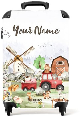 NoBoringSuitcases.com® Koffer personalisiert, Kinderkoffer - 55x40x20cm Handgepäck Trolley, Kinderkoffer Jungen - Kindertrolley - Bauernhoftiere - Leicht - Koffer mit Namen Initialen Fotokoffer