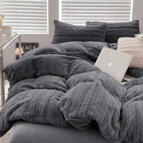 AShanlan Plüsch Bettwäsche 135x200 4teilig Winter Warme Flauschig Cashmere Touch Bettbezug Teddy Fleece Winterbettwäsche Set mit Reißverschluss und 2 x Kissenbezug 80x80 cm Dunkelgrau