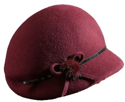 SaoBiiu Glockenhut für Damen, Party, formeller Filz, Fedora-Hut, Wolle, Baskenmütze, unregelmäßige Fascinatoren, wein, 56/58 cm