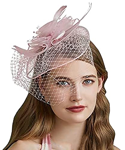 Fascinator Damen, Fascinator Damen Hut Blume Mesh Federn Kopfschmuck Braut Bankett Kopfbedeckung Hochzeit Cocktail Haarschmuck Jockey Club Tea Party Stirnband Flower Feder Headwear