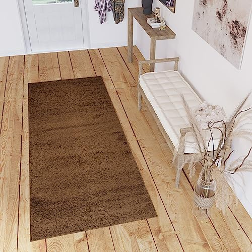 TAPISO Delhi Teppichläufer Hochflor Shaggy Braun Einfarbig Modern Design Flauschig Langflor Weich Wohnzimmer Schlafzimmer Flur ÖKO-TEX 60 x 160 cm